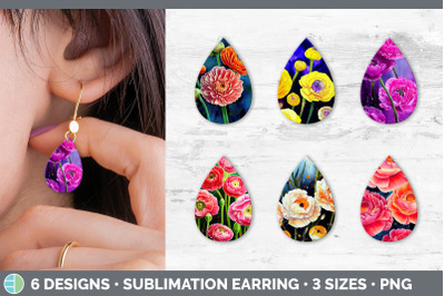 Ranunculus Flowers Teardrop Earring | Sublimation Designs Bundle