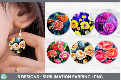 Ranunculus Flowers Round Earring | Sublimation Designs Bundle