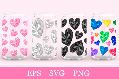 Hearts gemstone Can Glass Wrap. Hearts diamond Can Glass SVG