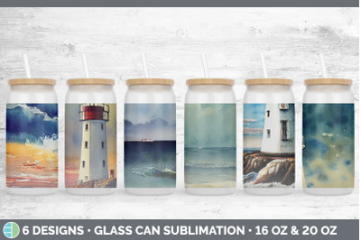 Watercolor Lighthouse Glass Can | Sublimation Beer Mason Jar