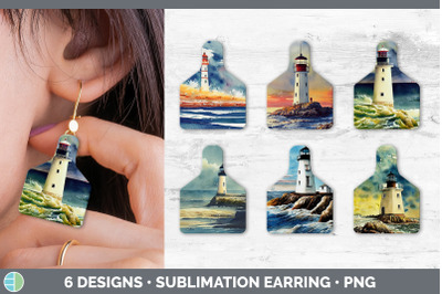 Watercolor Lighthouse Cow Tag Earring | Sublimation Cattle Ear Tag