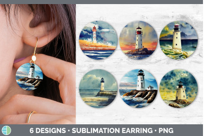 Watercolor Lighthouse Round Earring | Sublimation Designs Bundle