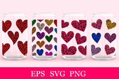 Leopard Hearts Can Glass Wrap. Valentines Can Glass Wrap