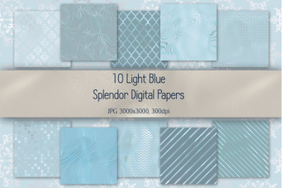 Set of 10 Light Blue Chic Digital Papers -  Glamorous Metallic Pale Bl