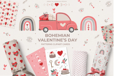 Boho Valentines Day pattern and clipart