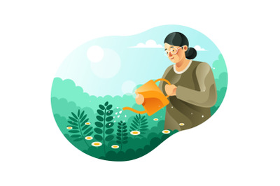 Woman Watering Plants illustration