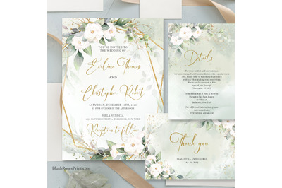 Boho greenery and white flowers wedding invitation PSD VIONA