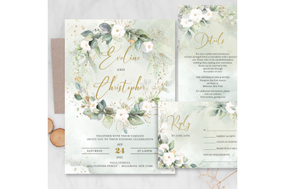 Eucalyptus wreath white flowers wedding invitation suite PSD VIONA