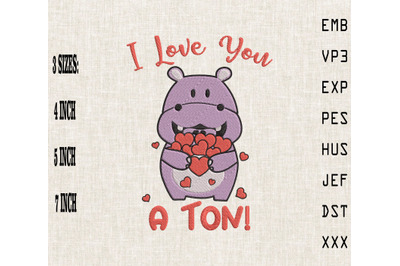 I Love You A Ton Cute Hippo Valentine Embroidery