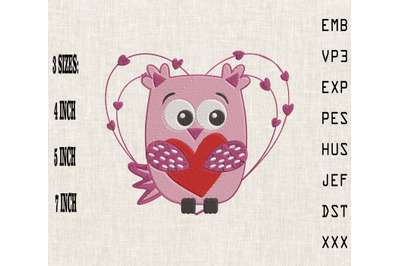 Cute Pink Owl Happy Valentine&#039;s Day Embroidery