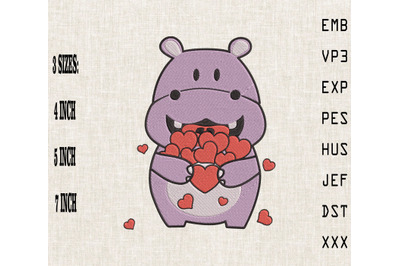 Cute Hippo Hugging Valentine Hearts Embroidery