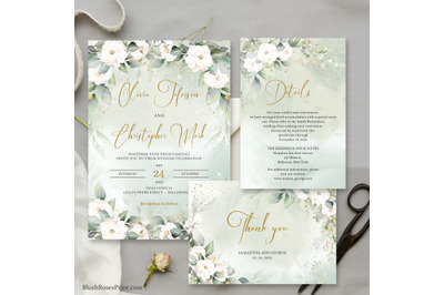 Boemian watercolor greenery and white roses wedding suite editable PSD