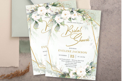 Boho greenery and white roses gold frame bridal shower invitation PSD