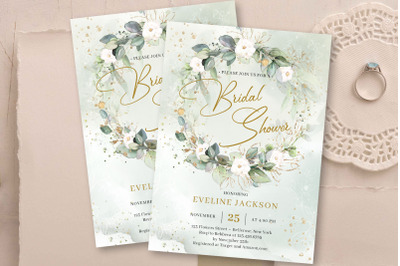Watercolor eucalyptus wreath white roses gold bridal shower invite