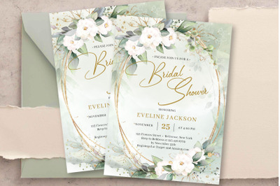 Boho greenery and white roses gold frame bridal shower invitation PSD
