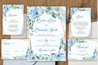 MOORE Boho dusty blue flowers eucalyptus greenery gold wedding PSD