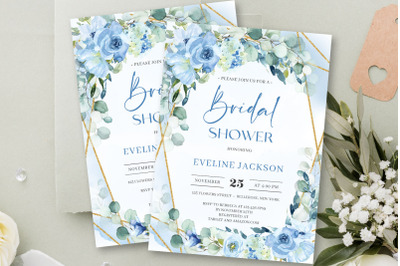 MOORE Watercolor dusty blue roses eucalyptus gold frame bridal shower