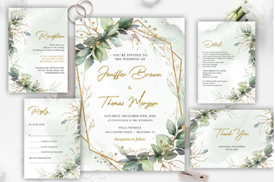 Boho eucalyptus greenery folaige faux gold frame wedding invite MEIRA