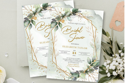 Boho greenery eucalyptus leaves gold frame bridal shower invite MEIRA