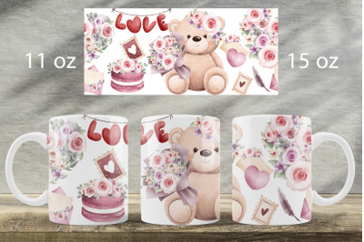 Valentines day mug wrap Love mug sublimation png Teddy bear