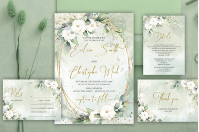 Boho greenery and white flowers gold frame wedding suite PSD VIONA