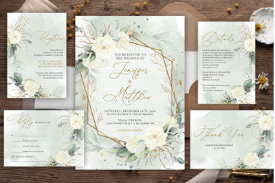 Boho greenery and gold frame white roses wedding suite editable SIMY