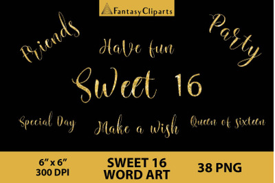 Gold Glitter Sweet 16 Word Art Overlays PNG
