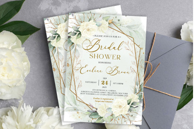Boho greenery foliage white roses gold frame Bridal Shower Invite SIMY
