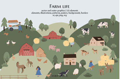 farm animals clipart, farm life svg png ai illustrations