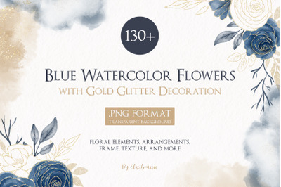 Blue Watercolor Floral With Gold Glitter