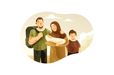 The Refugee Family with Children Illustration