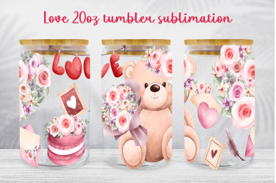 Love glass can wrap Valentines day sublimation Teddy bear