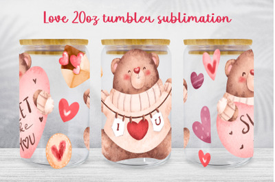 Love glass can wrap Valentines day sublimation Teddy bear