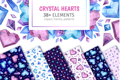 Crystal Hearts. Valentines Day Clipart, Frames &amp; Seamless Patterns.