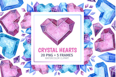 Crystal Hearts. Valentines Day Watercolor Clipart and Frames