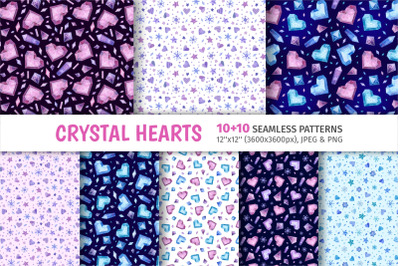 Crystal Hearts. Valentines Day Seamless Patterns.
