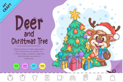Cartoon Deer and Christmas Tree. Clipart