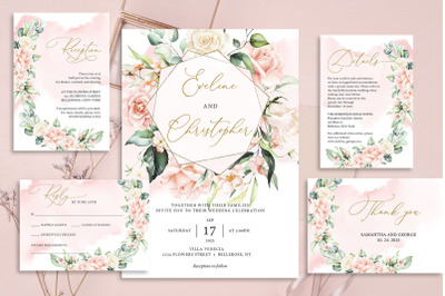 Boho blush pink roses floral wreath gold wedding invitation ROZY
