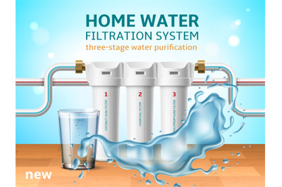 Realistic home water filtration system. 3d aqua clearing, several stag