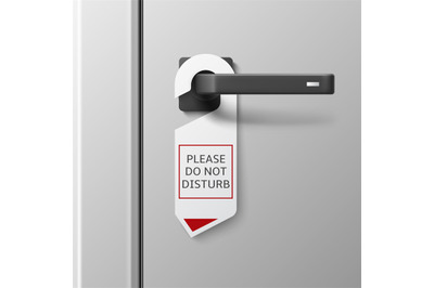 Realistic door handle hanger. Hotel cardboard hanger mockup&2C; do not di