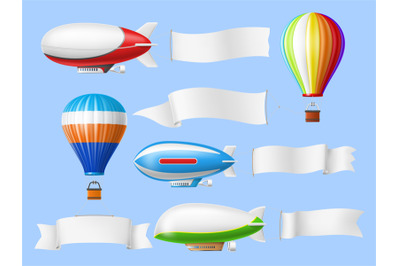 Advertising banners dirigibles. Flying retro airships, hot air balloon