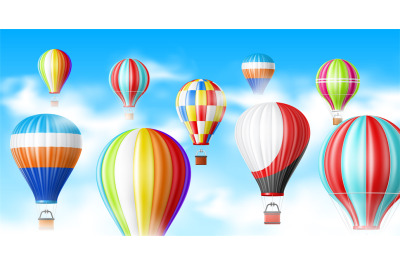 Hot air balloons in sky. Blue sky panoramic poster, realistic flying t