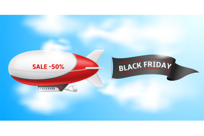 Dirigible with banner. Realistic zeppelin flying in blue sky, flutteri