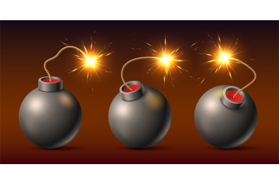 Bombs with burning fuse. Realistic retro round black bomb with burning