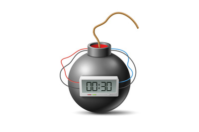 Realistic bomb clock. Classic explosive type with fuse and clockwork,