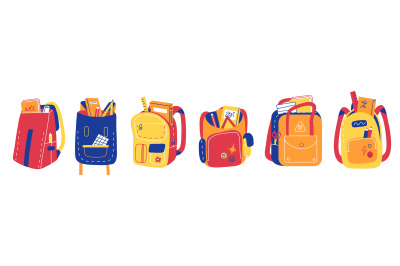 Color backpacks with school elements. Bright students stationery, chil