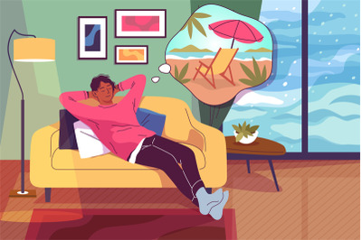 Dreaming character. Guy in living room interior, thinking about summer