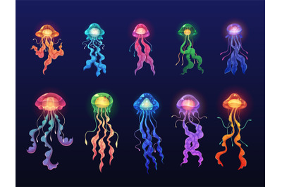 Glowing jellyfishes. Exotic sea creatures, deep water ocean animals, t