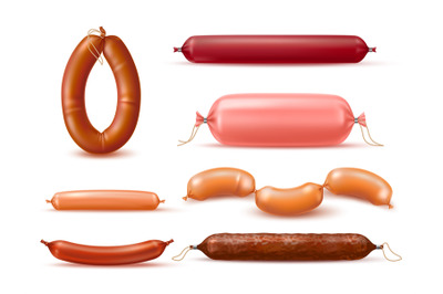 Realistic sausages. Meat products, boiled and smoked delicacies, natur