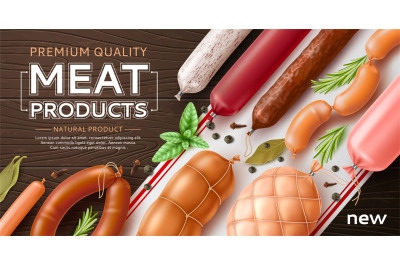 Realistic meat poster. Different types sausages advertising banner&2C; sm